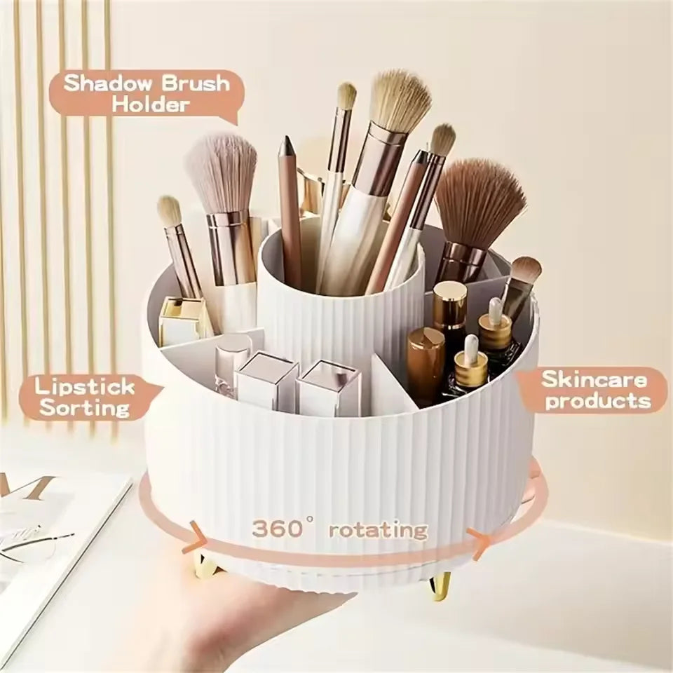 Nutshell 360 degree rotating makeup organizer bathroom organizer with lipstick, brushes, and skincare holders