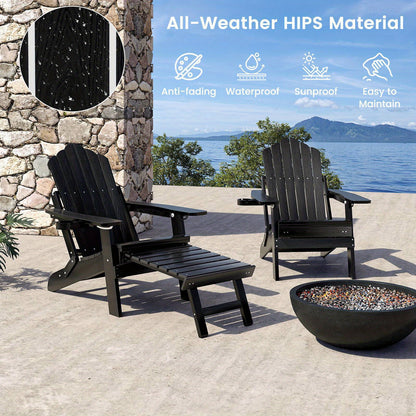 Black adjustable Adirondack chair with footrest made of all-weather HIPS material on patio by lake