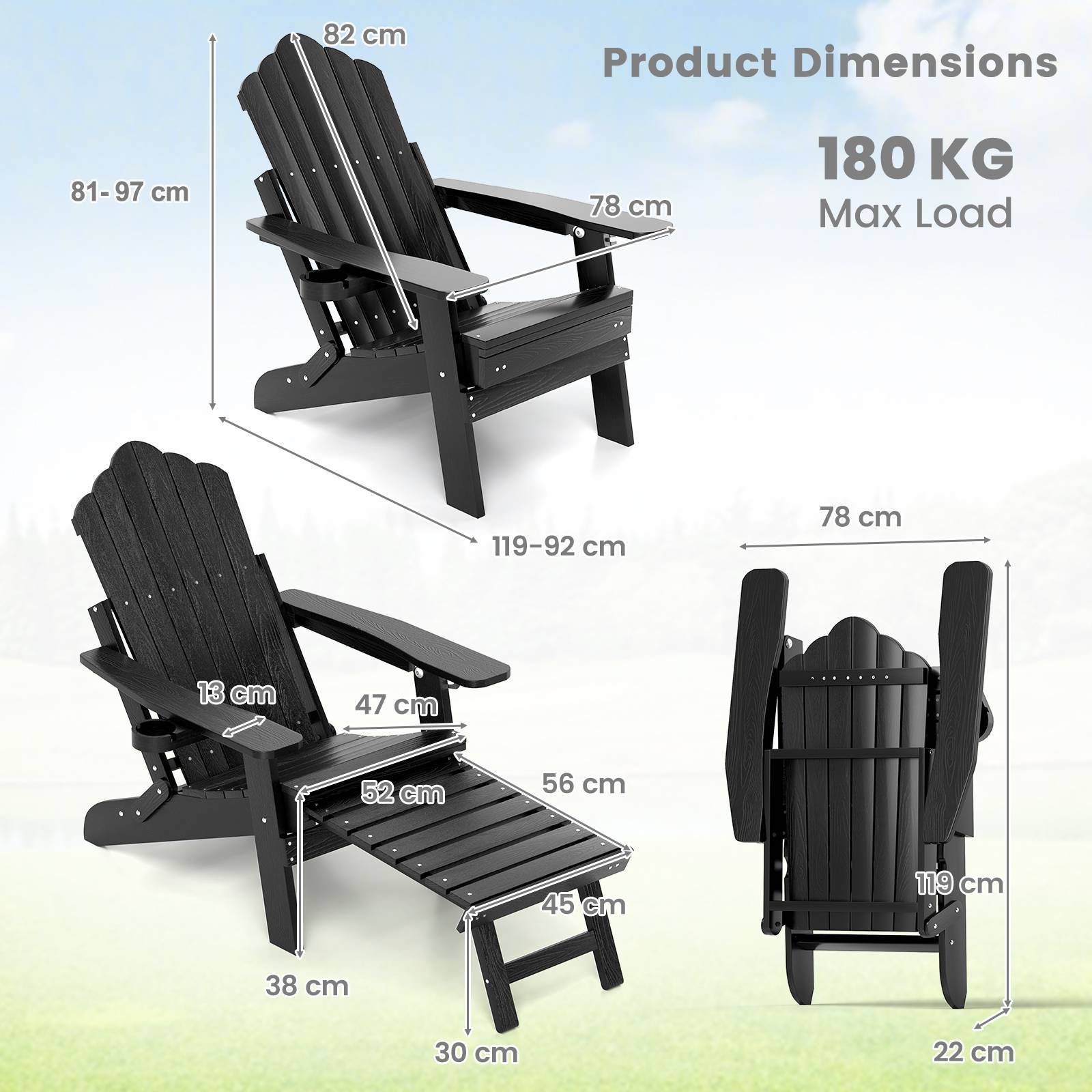 Adjustable Adirondack chair with footrest by Nutshell in black showing dimensions and max load capacity