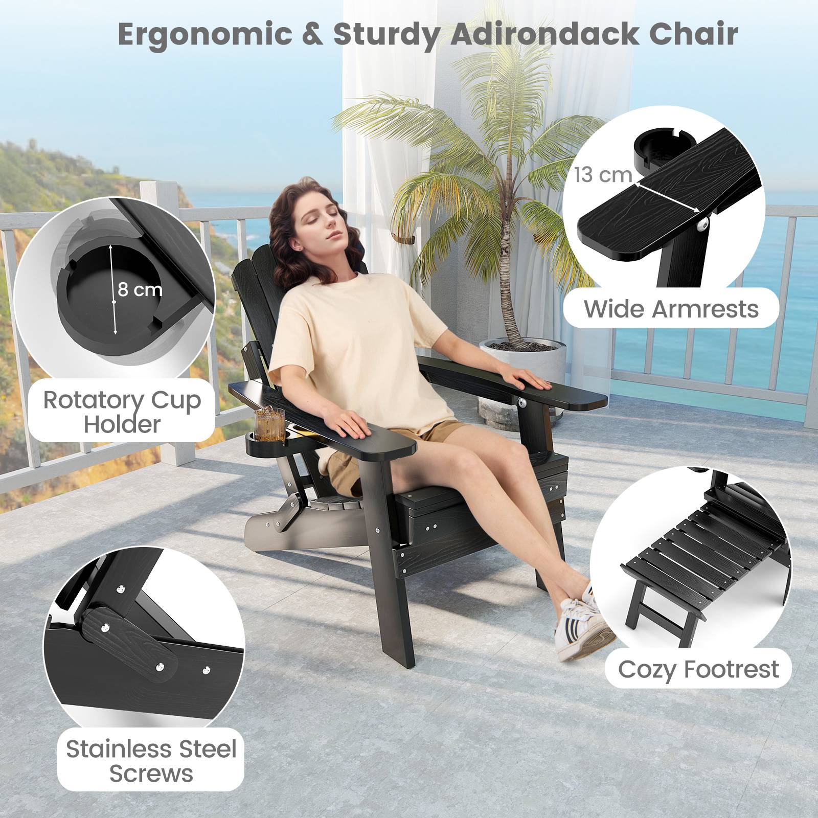 Adjustable Adirondack chair with footrest featuring wide armrests, rotatory cup holder, and stainless steel screws