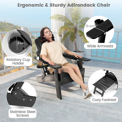 Adjustable Adirondack chair with footrest featuring wide armrests, rotatory cup holder, and stainless steel screws