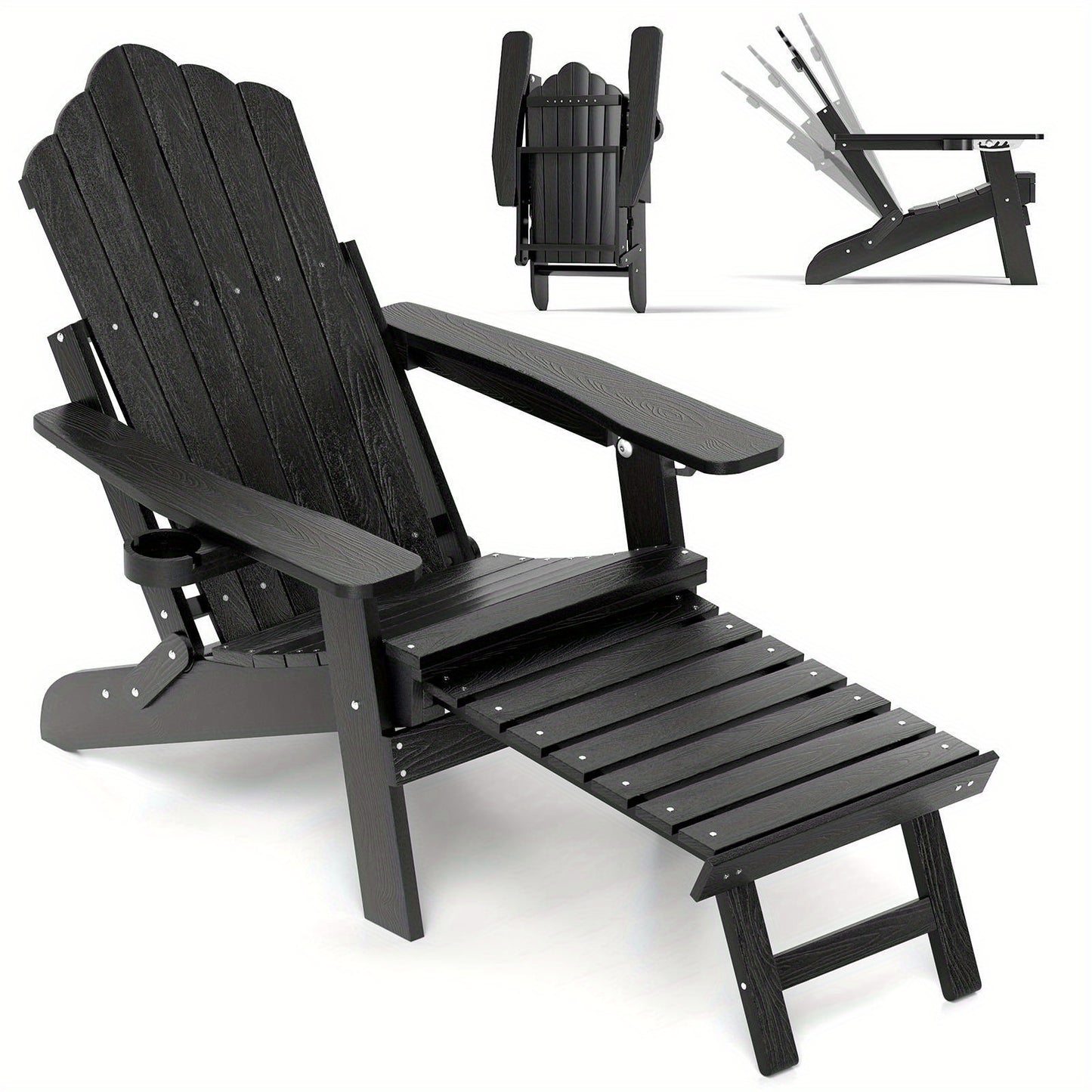 Black adjustable Adirondack chair with footrest showing reclining positions and cup holder