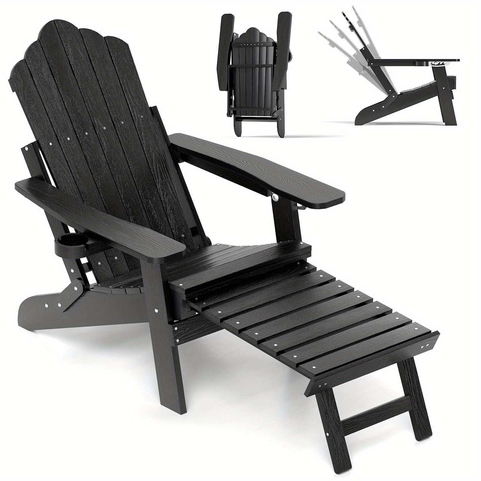 Black adjustable Adirondack chair with footrest showing reclining positions and cup holder