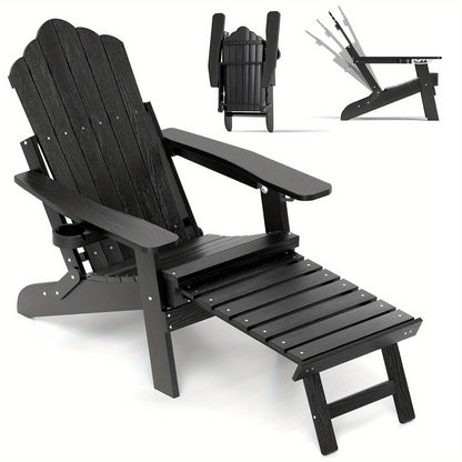 Black adjustable Adirondack chair with footrest showing reclining positions and cup holder