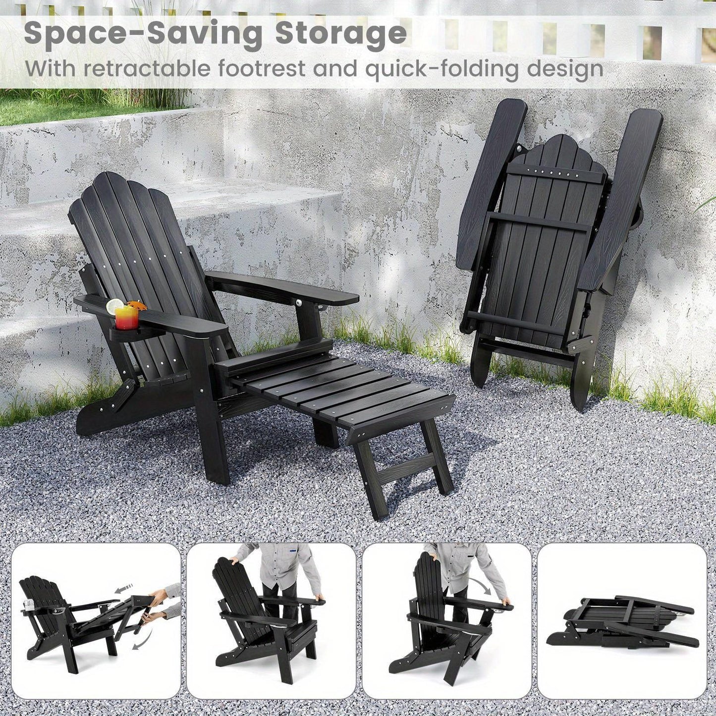 Adjustable Adirondack chair with footrest in black featuring retractable footrest and foldable design for space-saving storage