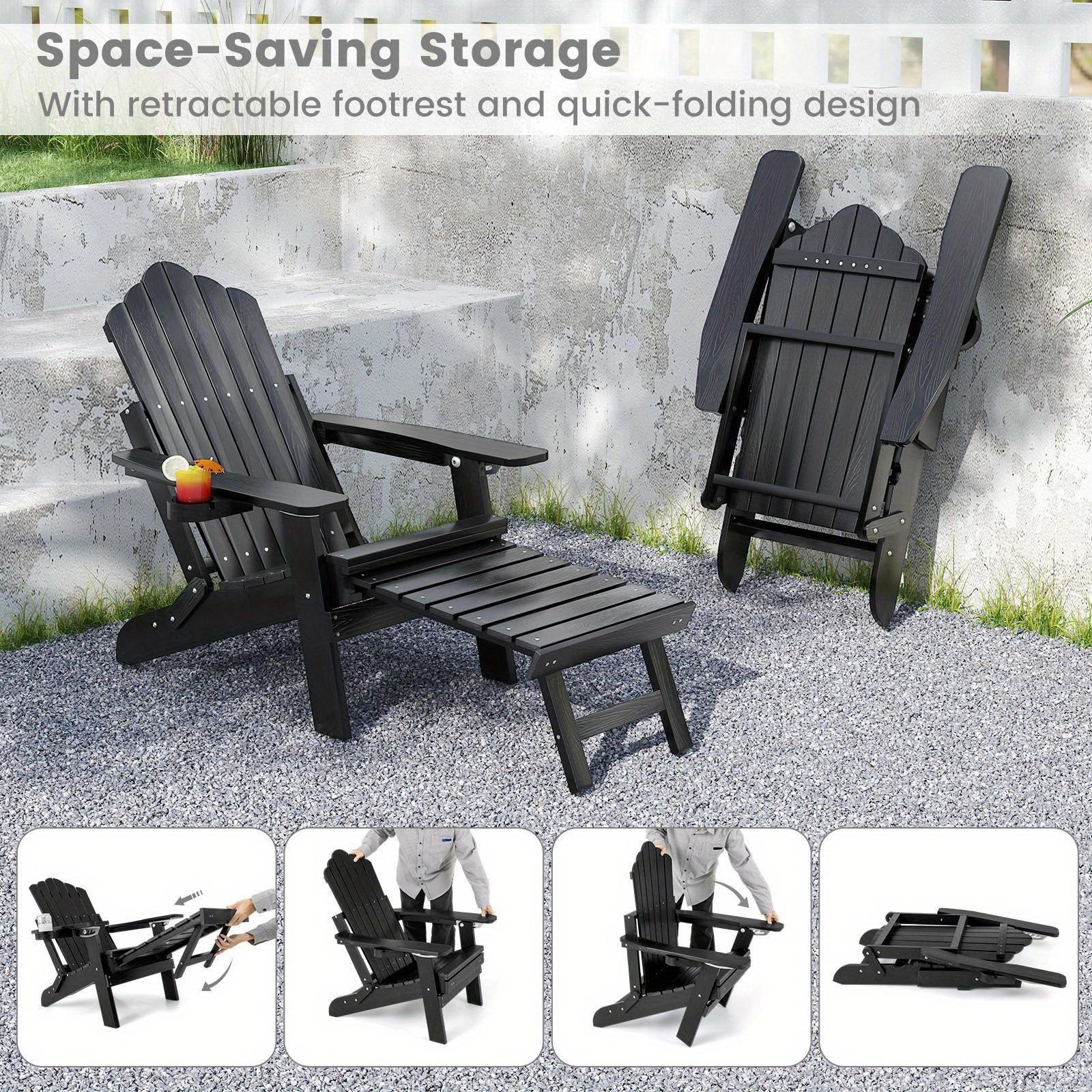 Adjustable Adirondack chair with footrest in black featuring retractable footrest and foldable design for space-saving storage