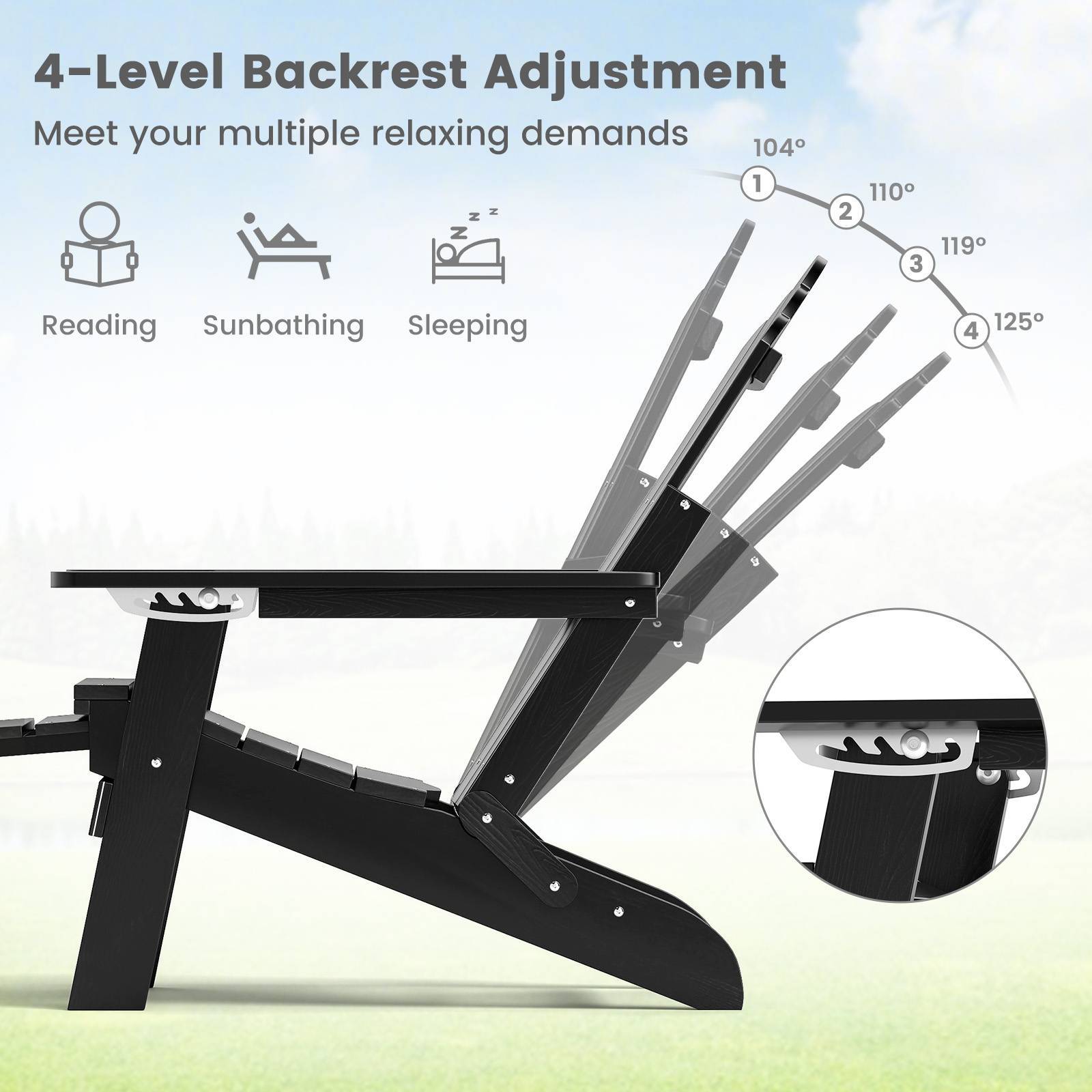 Adjustable Adirondack chair with footrest showing 4-level backrest adjustment for reading sunbathing and sleeping