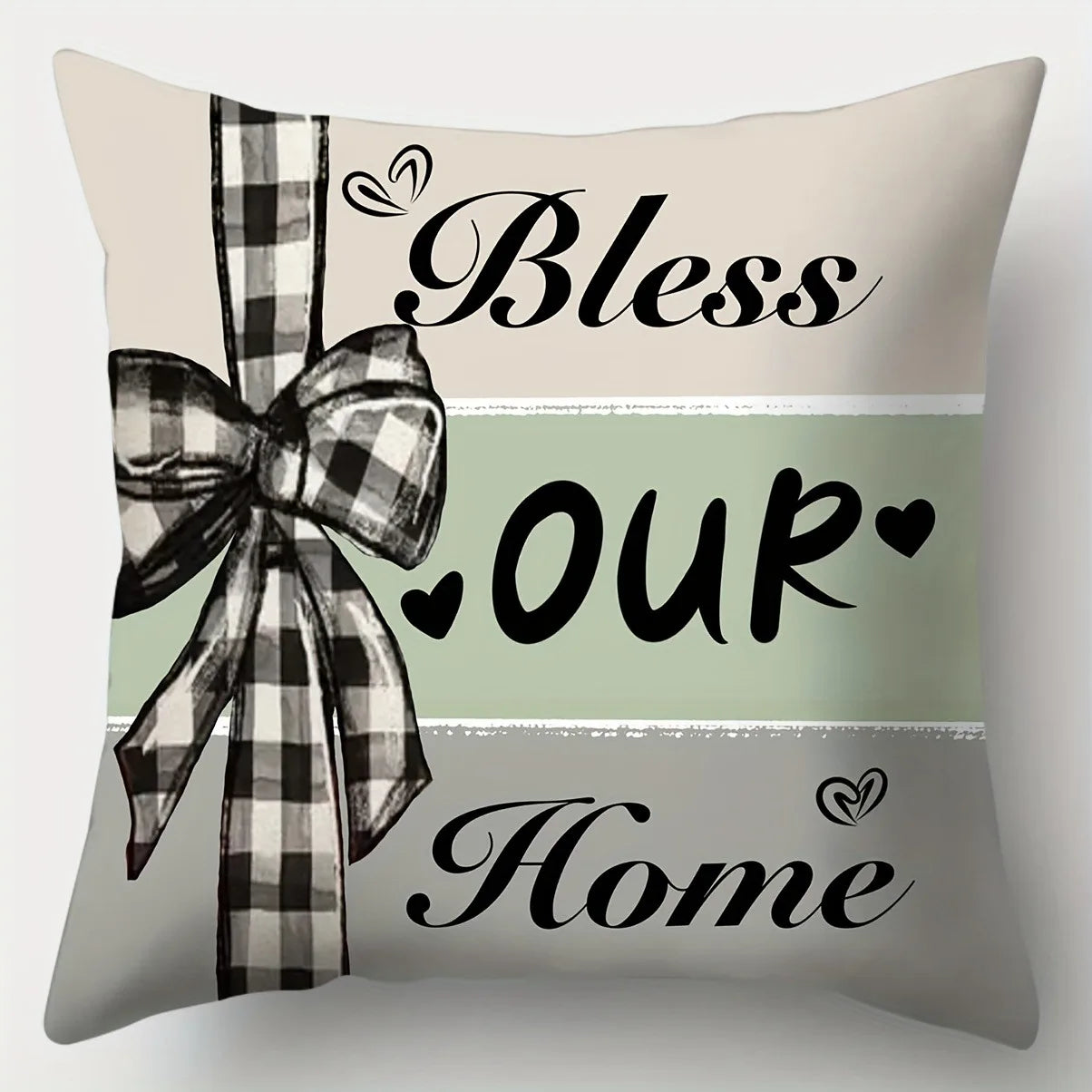Nutshell plant flower print pillowcase with black and white checkered bow and Bless Our Home text