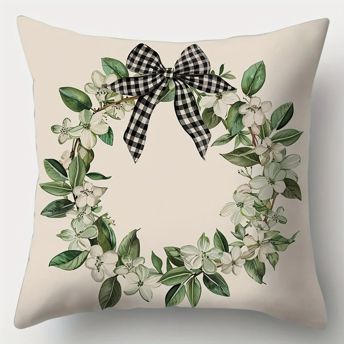 Nutshell plant flower print pillowcase with green leaves and white flowers wreath accented by black and white checkered bow