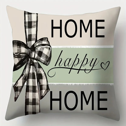 Nutshell plant flower print pillowcase with home happy home text and black checkered bow design