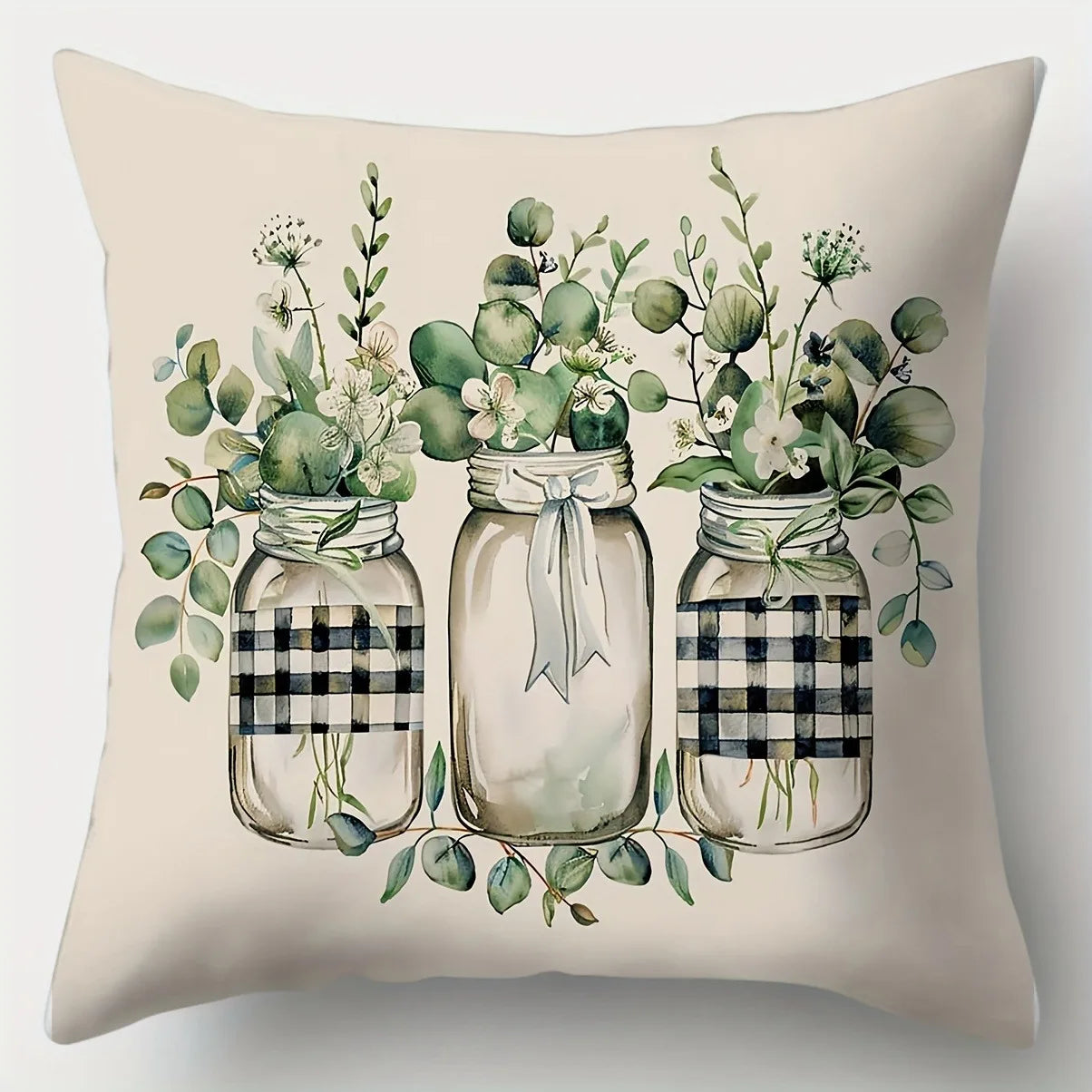 Nutshell plant flower print pillowcase with three mason jars and green foliage design on beige background