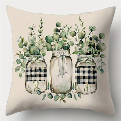 Nutshell plant flower print pillowcase with three mason jars and green foliage design on beige background