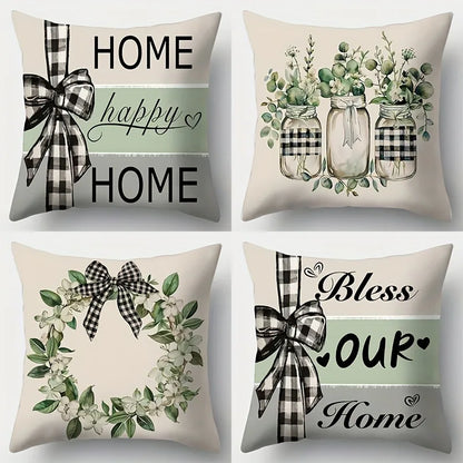 Set of four plant flower print pillowcase designs featuring green leaves, mason jars, and checkered bows