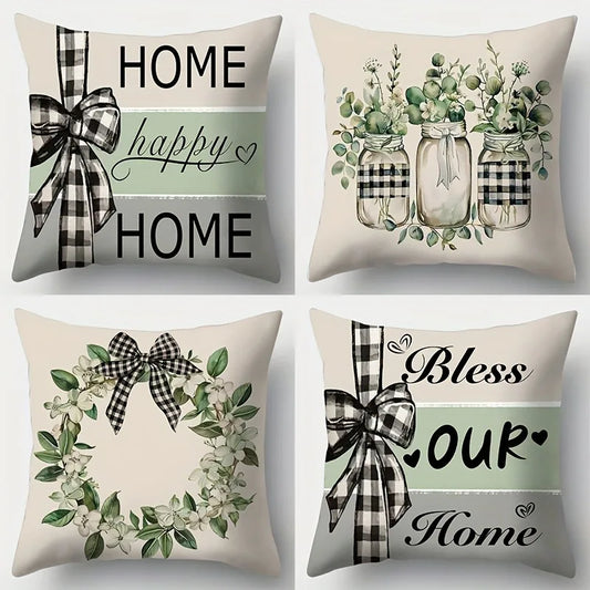 Set of four plant flower print pillowcase designs featuring green leaves, mason jars, and checkered bows