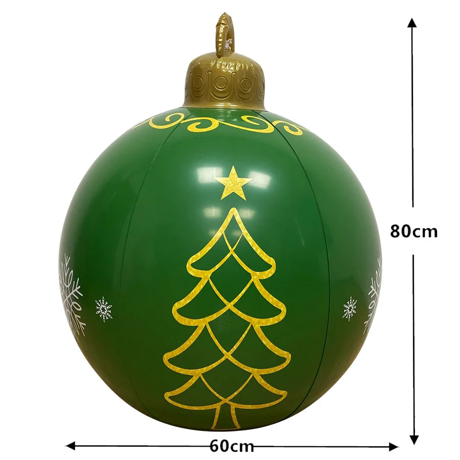 Giant outdoor Christmas inflatable ball in green with a gold star and tree design, 80cm tall