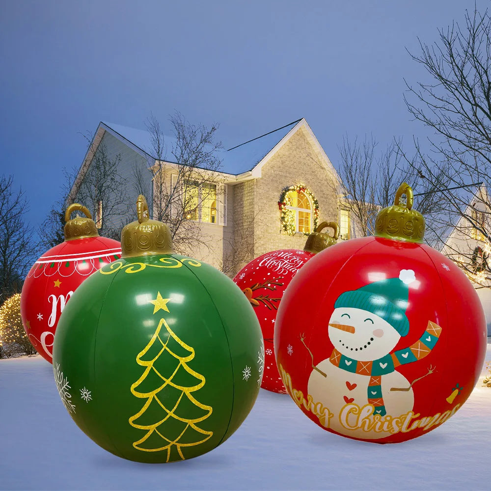 Giant outdoor Christmas inflatable ball set featuring festive designs for holiday decorations