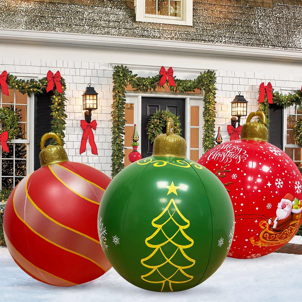 Giant outdoor Christmas inflatable ball in red and green designs for festive holiday decorations