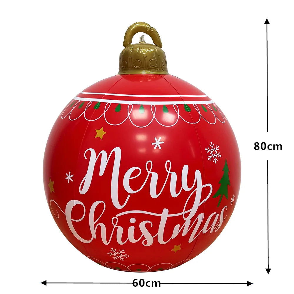 Giant outdoor Christmas inflatable ball in red with 'Merry Christmas' design and golden top for holiday decor