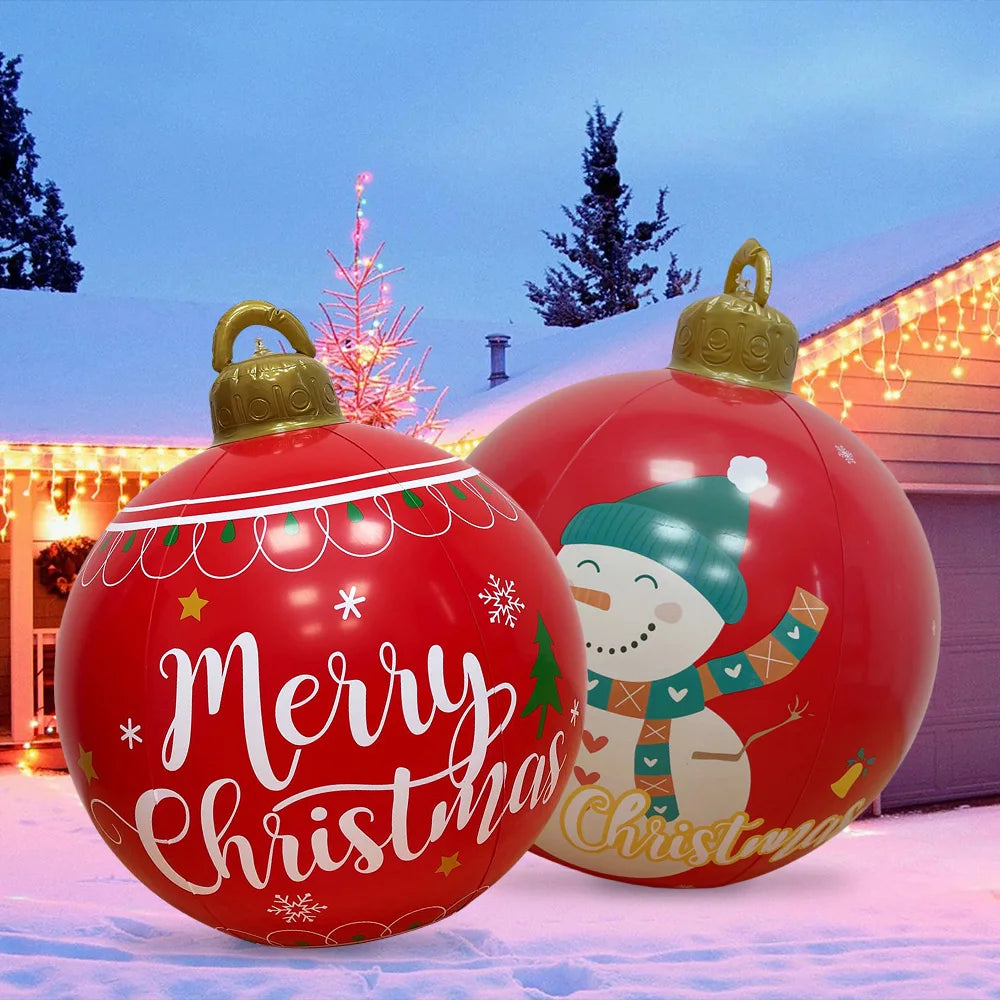 Giant outdoor Christmas inflatable ball featuring Merry Christmas design and a snowman illustration