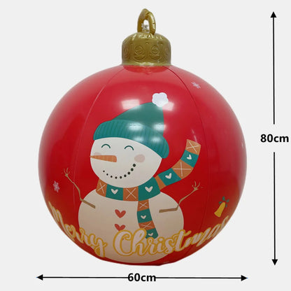 Giant outdoor Christmas inflatable ball featuring a snowman and festive decorations, measuring 80cm tall