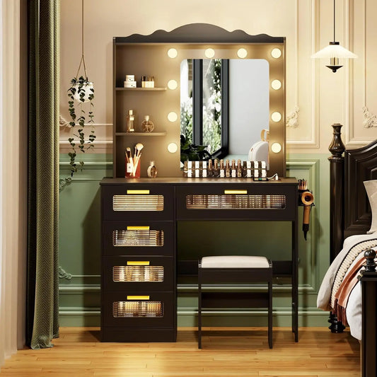 Nutshell makeup vanity desk with lights and mirror in dark wood with drawers shelves and stool