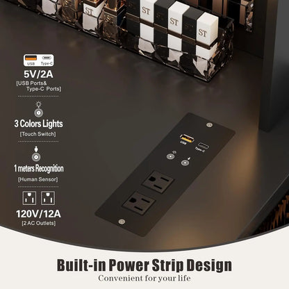 Nutshell makeup vanity desk with lights and mirror showing built in power strip with USB Type C and AC outlets