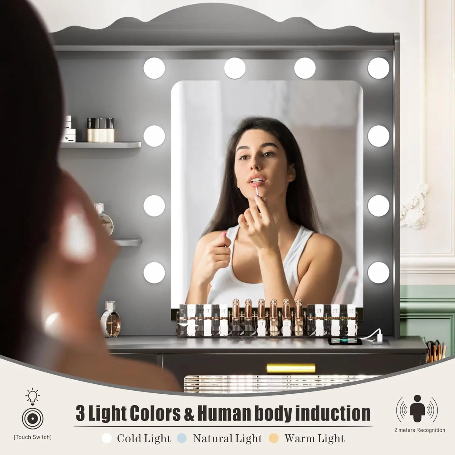 Nutshell makeup vanity desk with lights and mirror Hollywood bulb frame drawers and makeup storage