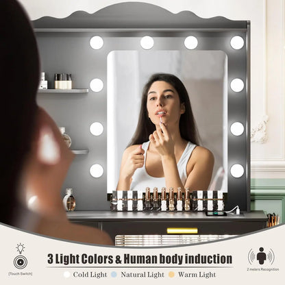 Nutshell makeup vanity desk with lights and mirror Hollywood bulb frame drawers and makeup storage
