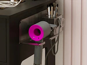 Nutshell makeup vanity desk with lights and mirror showing dark wood side organizer holding makeup brushes and mounted hair dryer