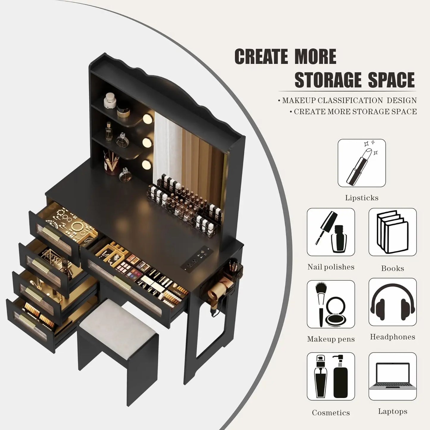 Nutshell black makeup vanity desk with lights and mirror featuring multiple drawers shelves and cushioned stool