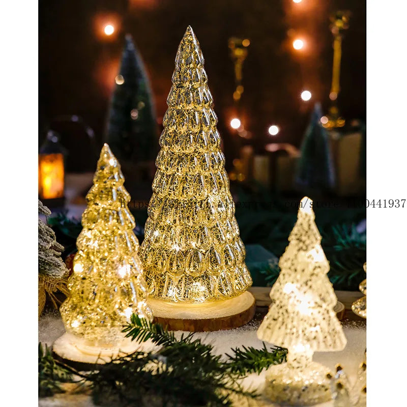 Decorative glass Christmas tree ornament featuring intricate designs and warm lights for holiday decor