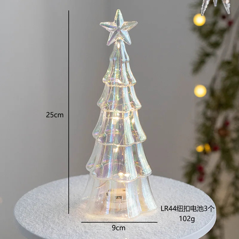 Decorative glass Christmas tree ornament with star top, shimmering in light, 25cm tall and 9cm wide