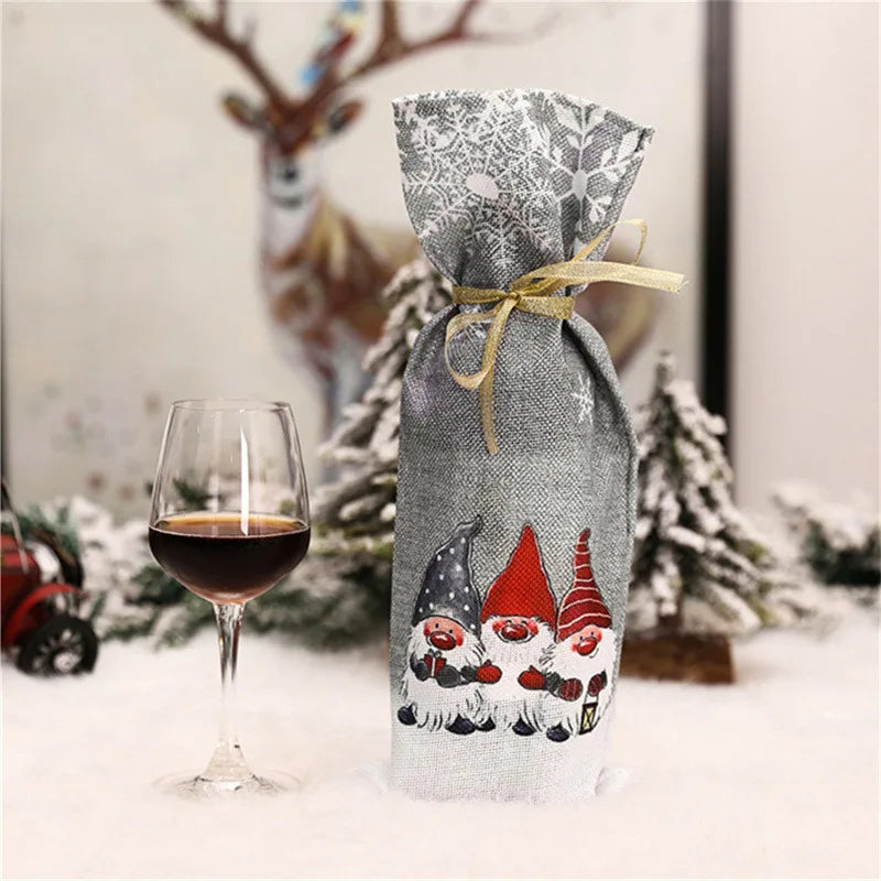 Gnome Christmas wine bottle cover featuring festive gnomes and a ribbon for holiday celebrations