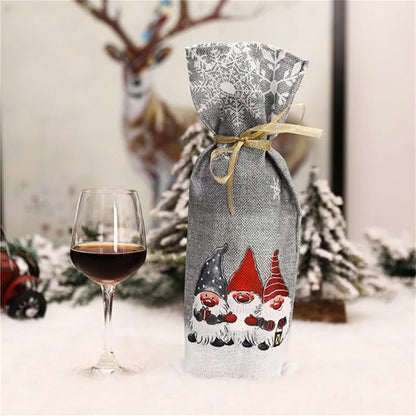 Gnome Christmas wine bottle cover featuring festive gnomes and a ribbon for holiday celebrations