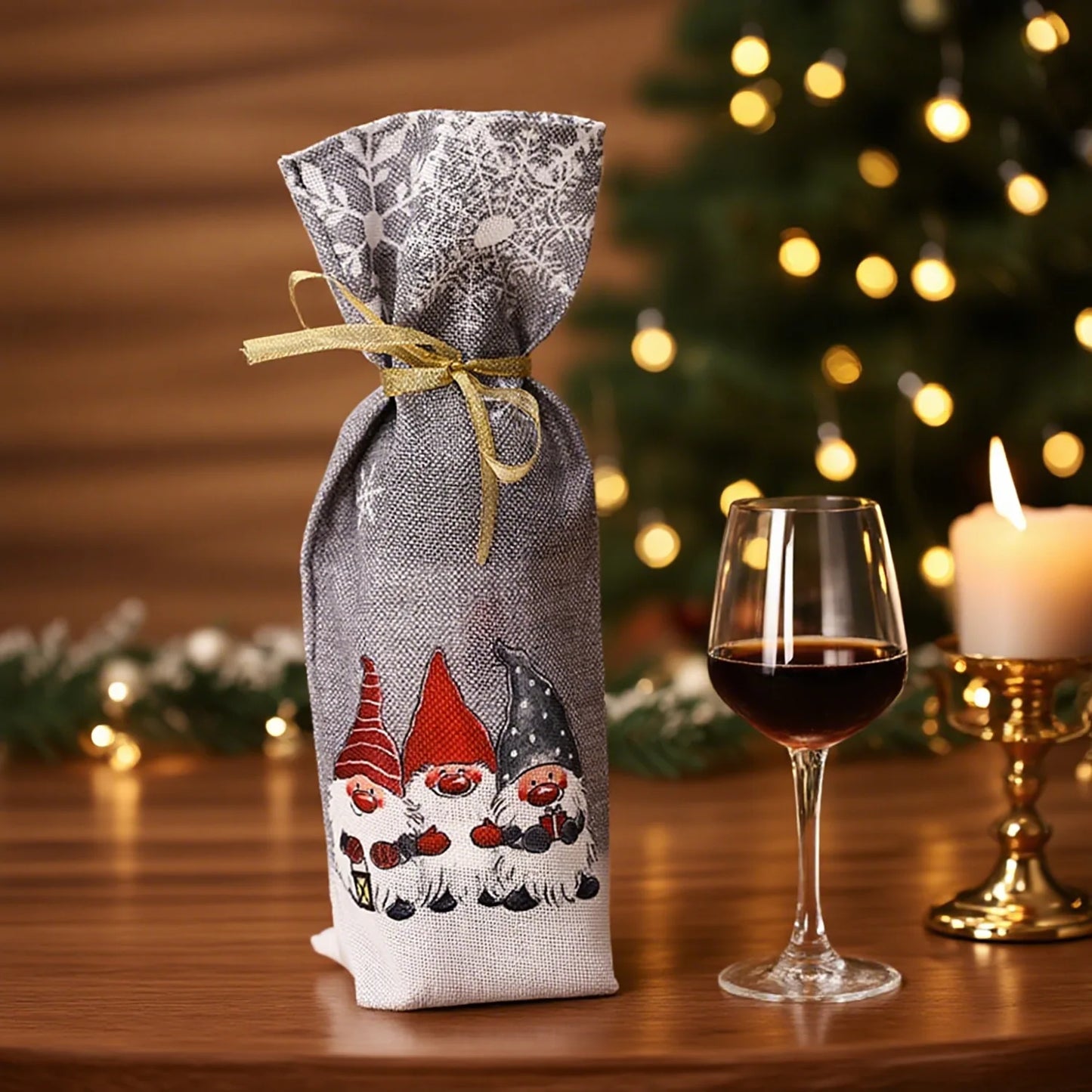 Gnome Christmas wine bottle cover with festive design for holiday celebrations and gifting