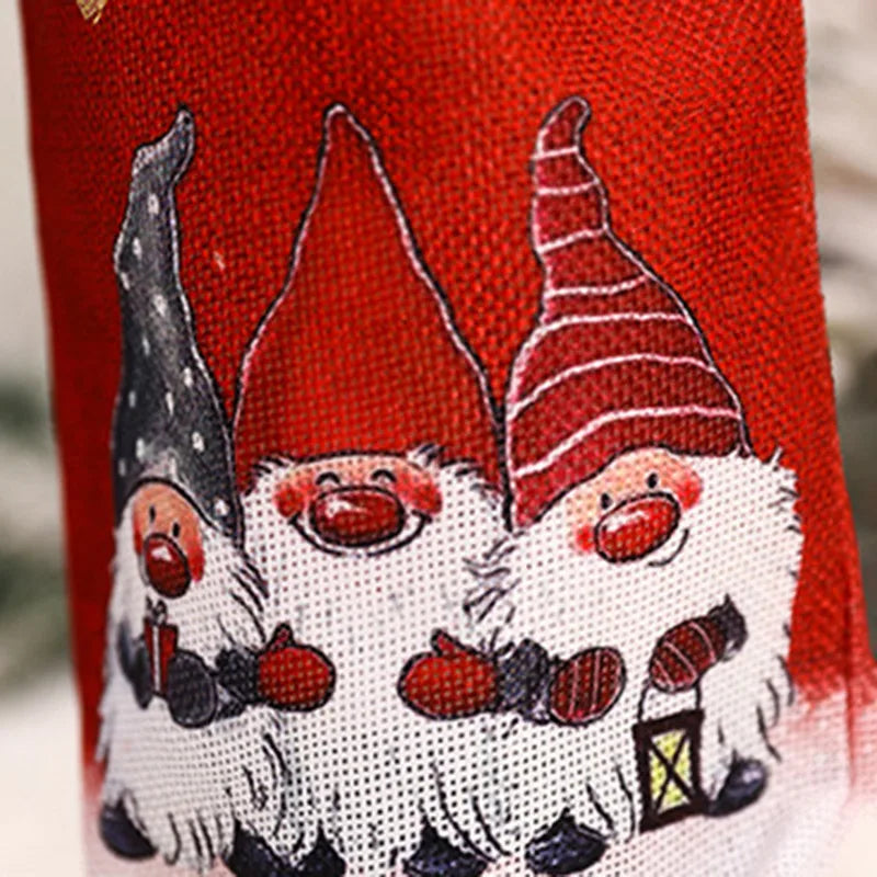 Gnome Christmas wine bottle cover featuring cheerful gnomes in festive outfits for holiday celebrations