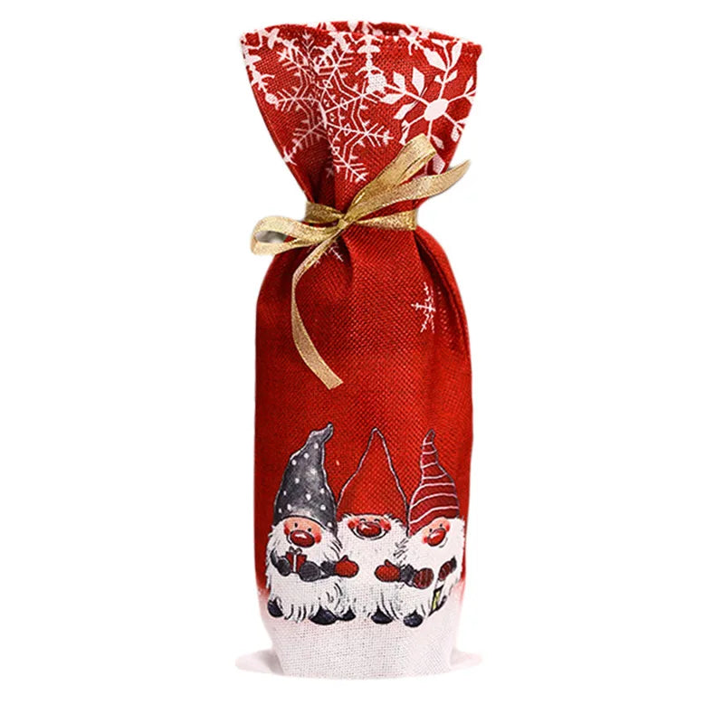Gnome Christmas wine bottle cover in red with festive gnome design and bow for holiday gifts