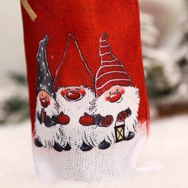 Gnome Christmas wine bottle cover featuring festive gnome designs in red and white