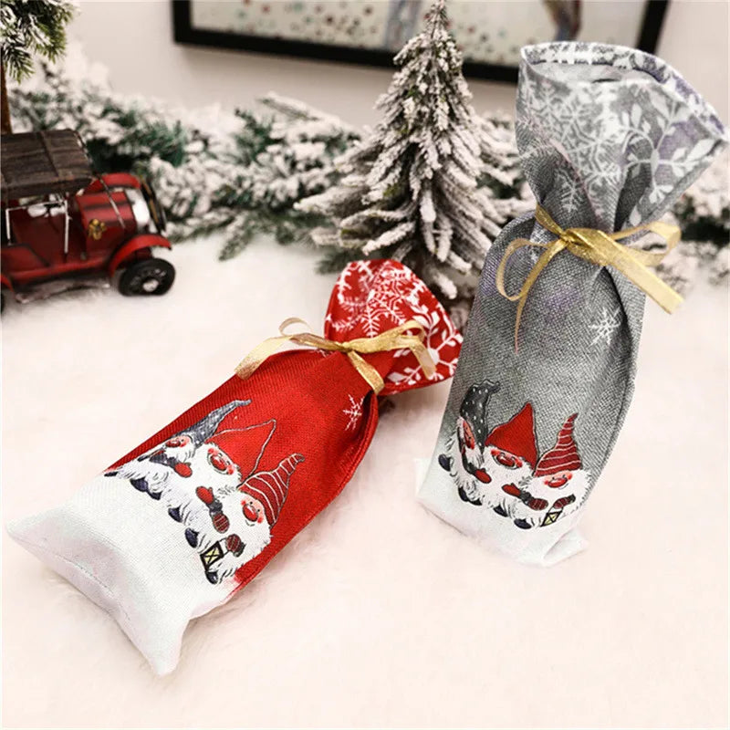 Gnome Christmas wine bottle cover set in red and gray with festive holiday designs