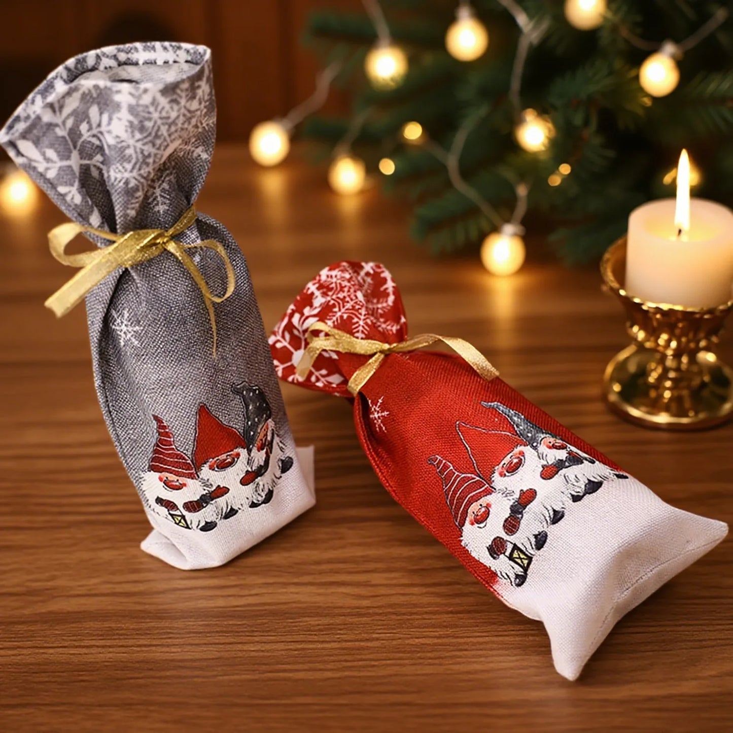 Gnome Christmas wine bottle cover in red and gray with festive patterns, perfect for holiday gifts