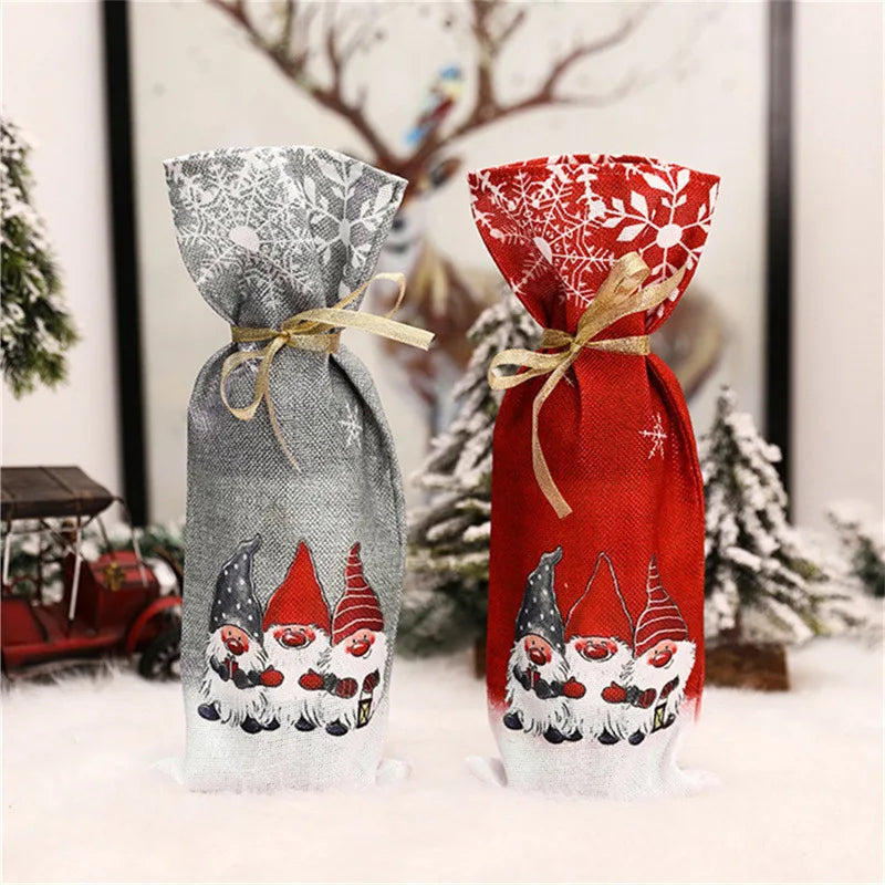 Gnome Christmas wine bottle cover in red and gray with festive designs and bows for holiday gifting