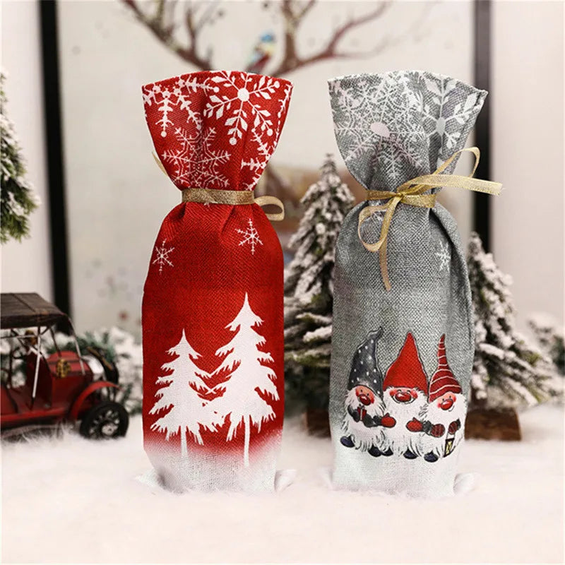 Gnome Christmas wine bottle cover in red and gray with festive designs for holiday gifting