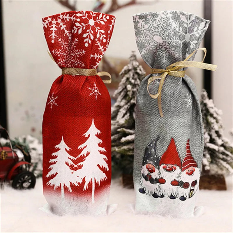 Gnome Christmas wine bottle cover in red and gray with festive snowflakes and gnome designs