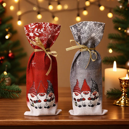 Gnome Christmas wine bottle cover set in red and gray with festive gnome designs for holiday celebrations