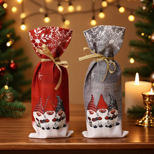 Gnome Christmas wine bottle cover set in red and gray with festive gnome designs for holiday celebrations