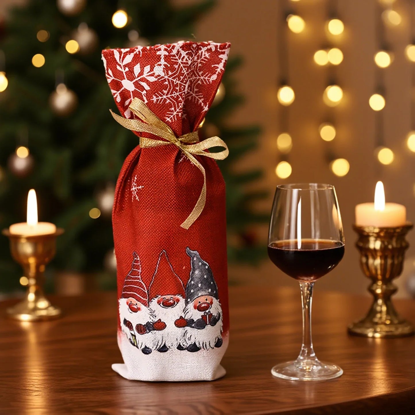 Gnome Christmas wine bottle cover in red with festive design, perfect for holiday gifting