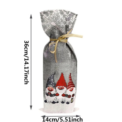 Gnome Christmas wine bottle cover featuring festive gnome designs with a classic holiday style
