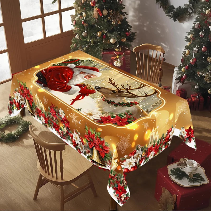 Golden Christmas Santa Claus tablecloth featuring Santa and a reindeer, perfect for festive holiday decor