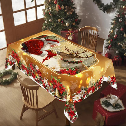 Golden Christmas Santa Claus tablecloth featuring Santa and a reindeer, perfect for festive holiday decor