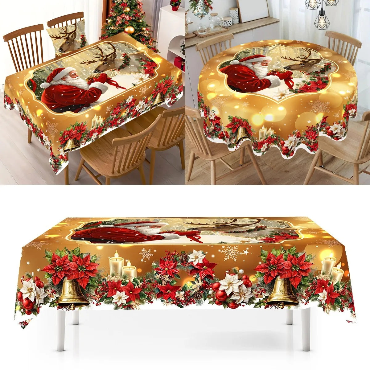Golden Christmas Santa Claus tablecloth featuring festive designs for holiday gatherings